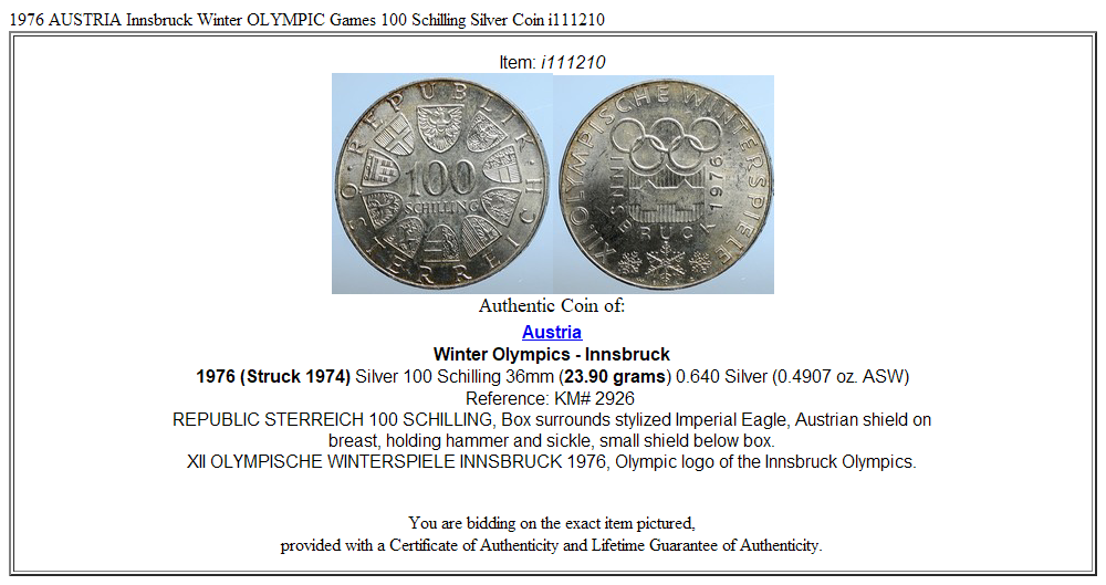 1976 AUSTRIA Innsbruck Winter OLYMPIC Games 100 Schilling Silver Coin i111210