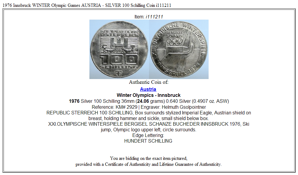 1976 Innsbruck WINTER Olympic Games AUSTRIA - SILVER 100 Schilling Coin i111211