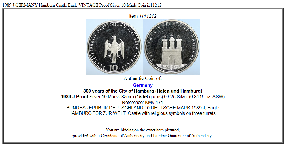 1989 J GERMANY Hamburg Castle Eagle VINTAGE Proof Silver 10 Mark Coin i111212