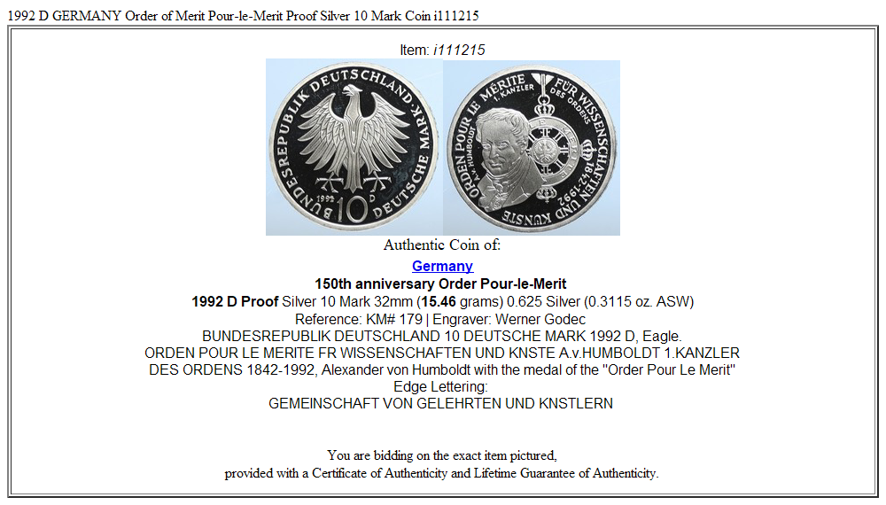 1992 D GERMANY Order of Merit Pour-le-Merité Proof Silver 10 Mark Coin i111215