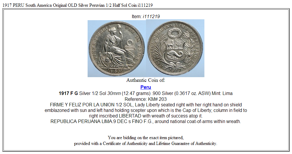 1917 PERU South America Original OLD Silver Peruvian 1/2 Half Sol Coin i111219