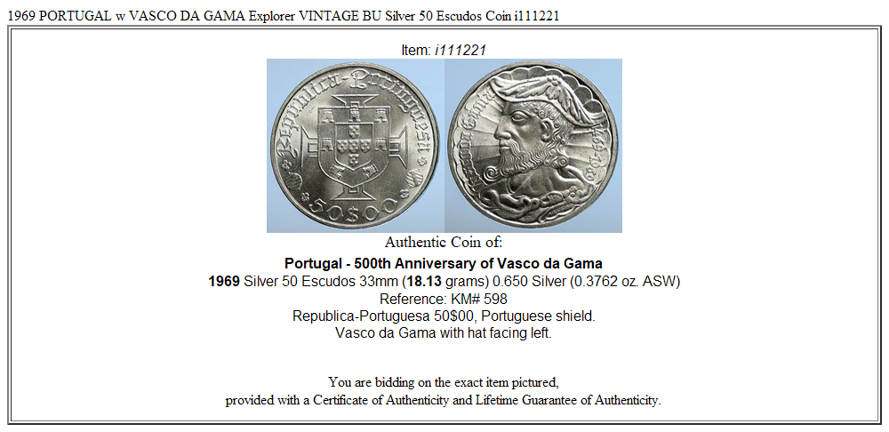 1969 PORTUGAL w VASCO DA GAMA Explorer VINTAGE BU Silver 50 Escudos Coin i111221