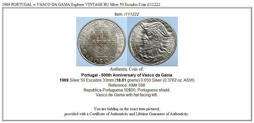 1969 PORTUGAL w VASCO DA GAMA Explorer VINTAGE BU Silver 50 Escudos Coin i111222