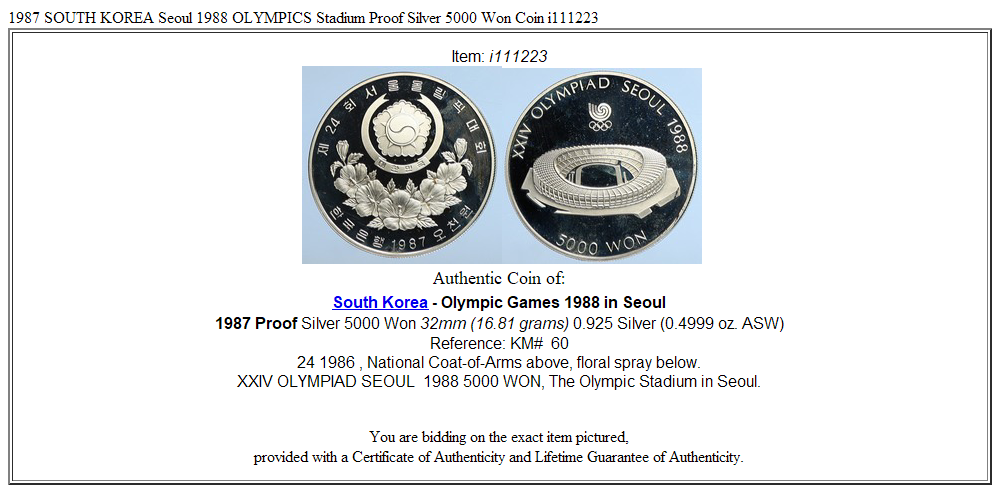 1987 SOUTH KOREA Seoul 1988 OLYMPICS Stadium Proof Silver 5000 Won Coin i111223