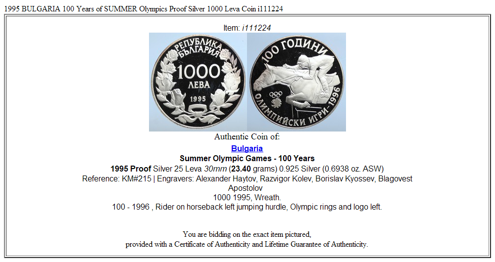 1995 BULGARIA 100 Years of SUMMER Olympics Proof Silver 1000 Leva Coin i111224