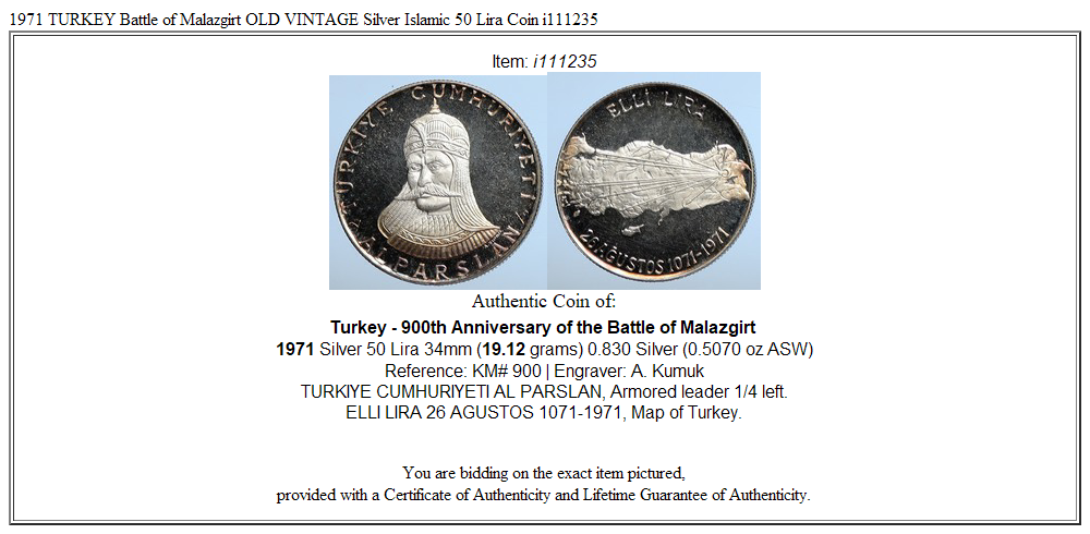 1971 TURKEY Battle of Malazgirt OLD VINTAGE Silver Islamic 50 Lira Coin i111235