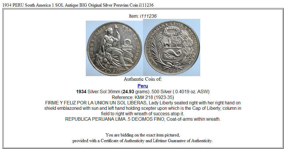 1934 PERU South America 1 SOL Antique BIG Original Silver Peruvian Coin i111236