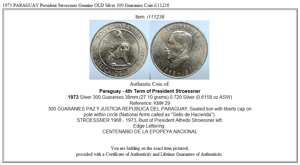 1973 PARAGUAY President Stroessner Genuine OLD Silver 300 Guaranies Coin i111238