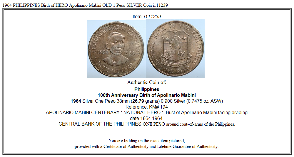 1964 PHILIPPINES Birth of HERO Apolinario Mabini OLD 1 Peso SILVER Coin i111239