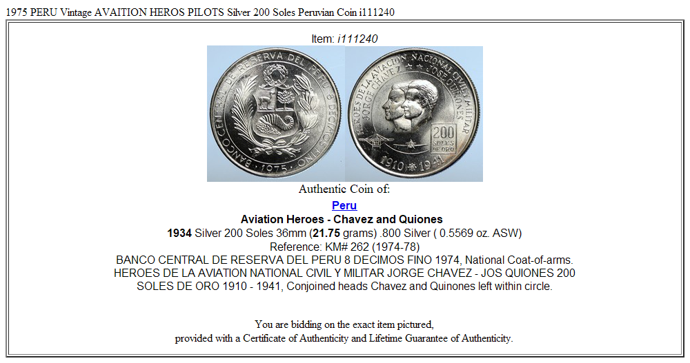 1975 PERU Vintage AVAITION HEROS PILOTS Silver 200 Soles Peruvian Coin i111240