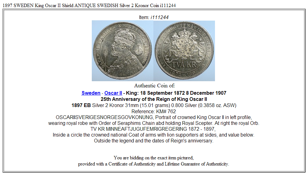 1897 SWEDEN King Oscar II Shield ANTIQUE SWEDISH Silver 2 Kronor Coin i111244