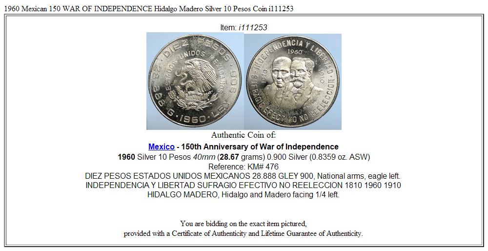 1960 Mexican 150 WAR OF INDEPENDENCE Hidalgo Madero Silver 10 Pesos Coin i111253