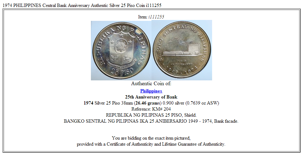 1974 PHILIPPINES Central Bank Anniversary Authentic Silver 25 Piso Coin i111255