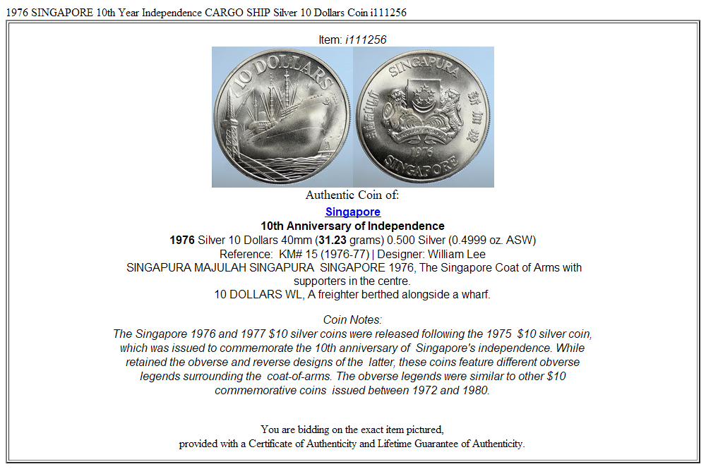 1976 SINGAPORE 10th Year Independence CARGO SHIP Silver 10 Dollars Coin i111256