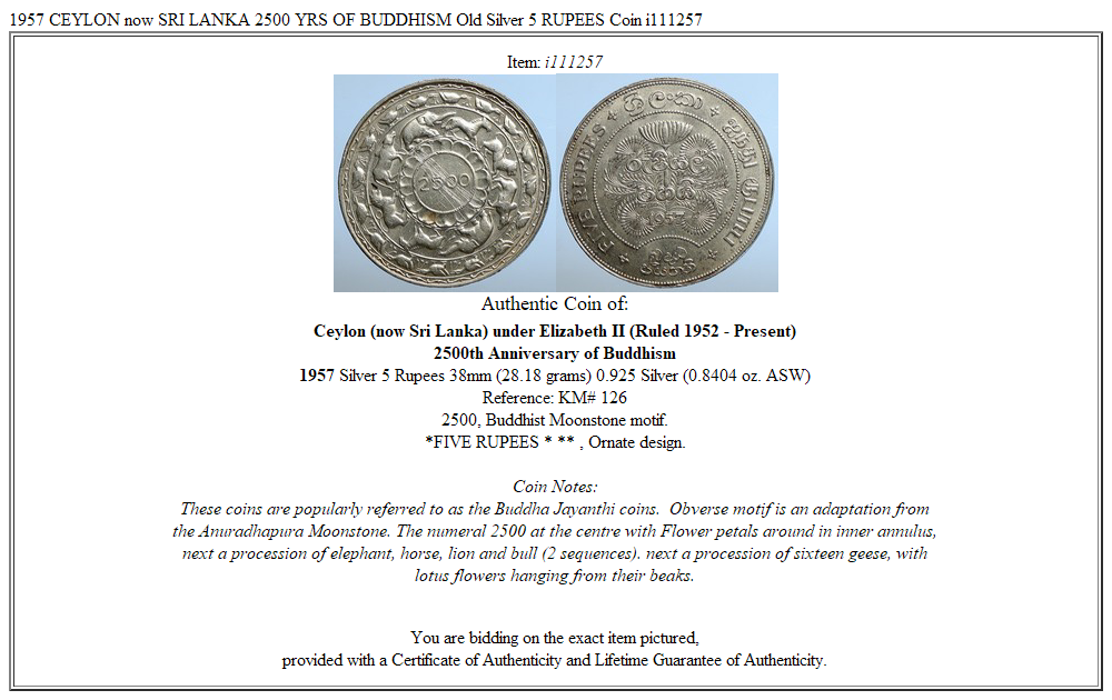 1957 CEYLON now SRI LANKA 2500 YRS OF BUDDHISM Old Silver 5 RUPEES Coin i111257