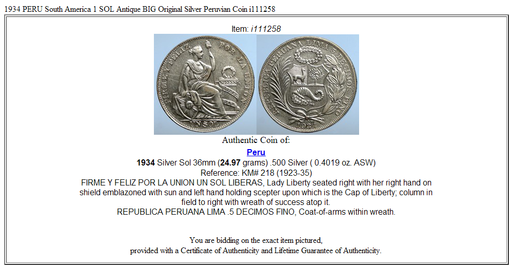 1934 PERU South America 1 SOL Antique BIG Original Silver Peruvian Coin i111258