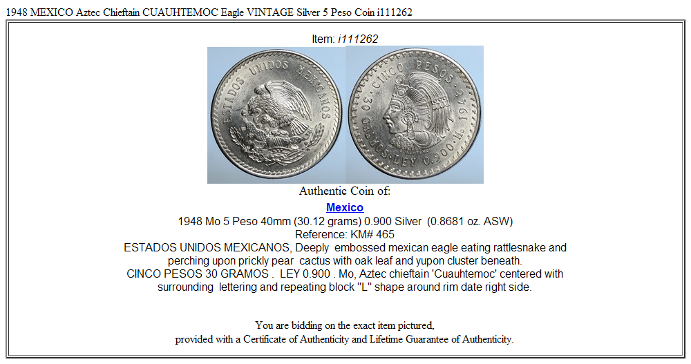 1948 MEXICO Aztec Chieftain CUAUHTEMOC Eagle VINTAGE Silver 5 Peso Coin i111262