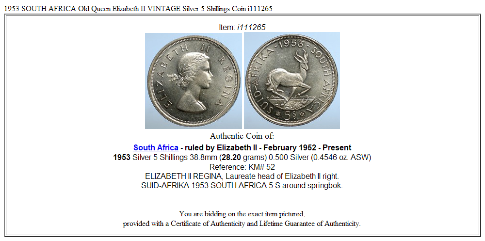 1953 SOUTH AFRICA Old Queen Elizabeth II VINTAGE Silver 5 Shillings Coin i111265