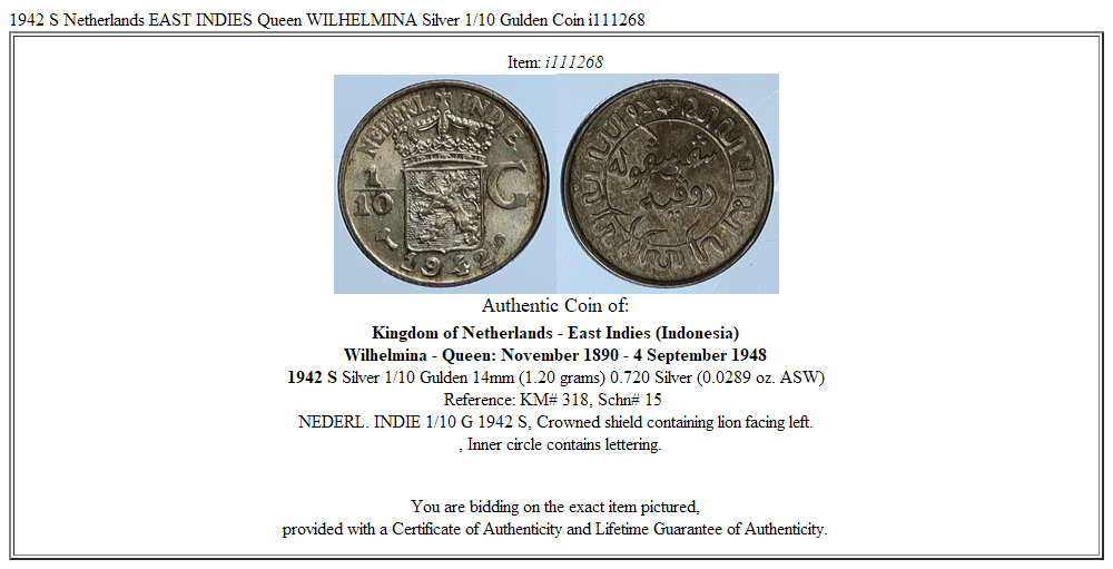 1942 S Netherlands EAST INDIES Queen WILHELMINA Silver 1/10 Gulden Coin i111268