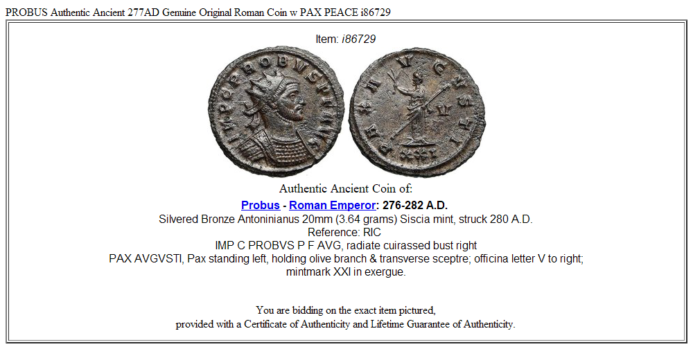 PROBUS Authentic Ancient 277AD Genuine Original Roman Coin w PAX PEACE i86729