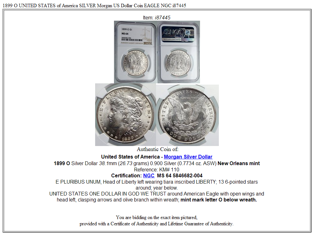 1899 O UNITED STATES of America SILVER Morgan US Dollar Coin EAGLE NGC i87445