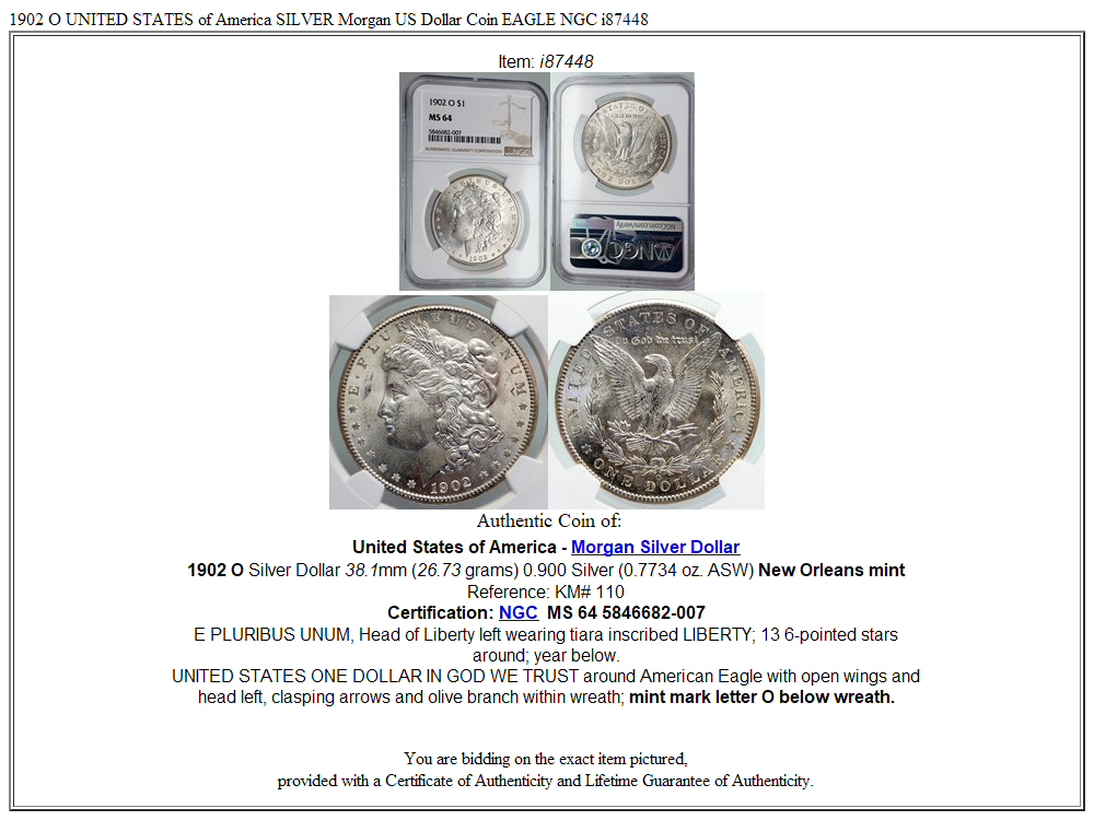 1902 O UNITED STATES of America SILVER Morgan US Dollar Coin EAGLE NGC i87448