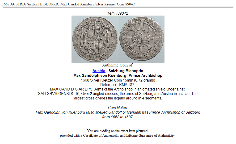 1668 AUSTRIA Salzburg BISHOPRIC Max Gandolf Kuenburg Silver Kreuzer Coin i89042