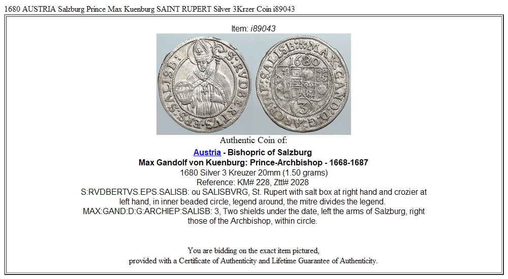 1680 AUSTRIA Salzburg Prince Max Kuenburg SAINT RUPERT Silver 3Krzer Coin i89043