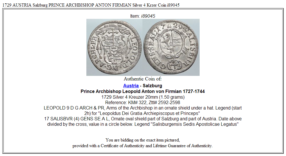 1729 AUSTRIA Salzburg PRINCE ARCHBISHOP ANTON FIRMIAN Silver 4 Krzer Coin i89045