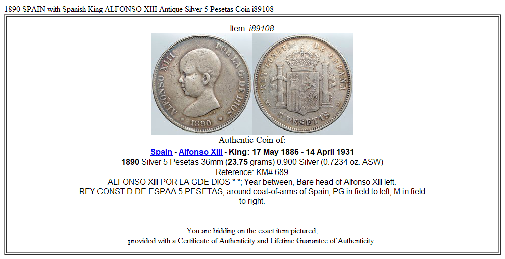 1890 SPAIN with Spanish King ALFONSO XIII Antique Silver 5 Pesetas Coin i89108