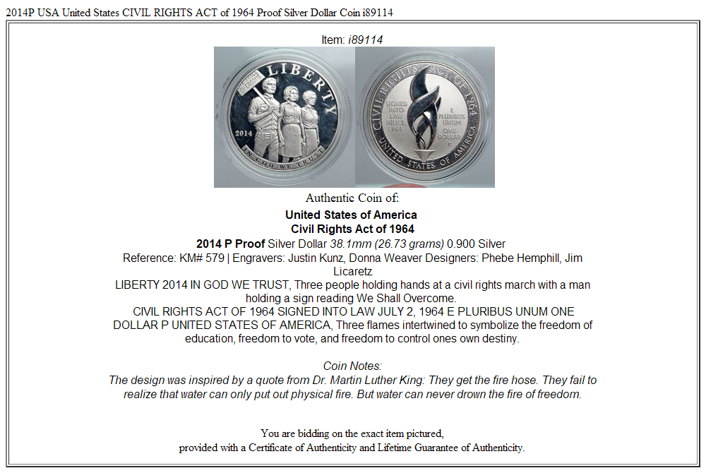 2014P USA United States CIVIL RIGHTS ACT of 1964 Proof Silver Dollar Coin i89114