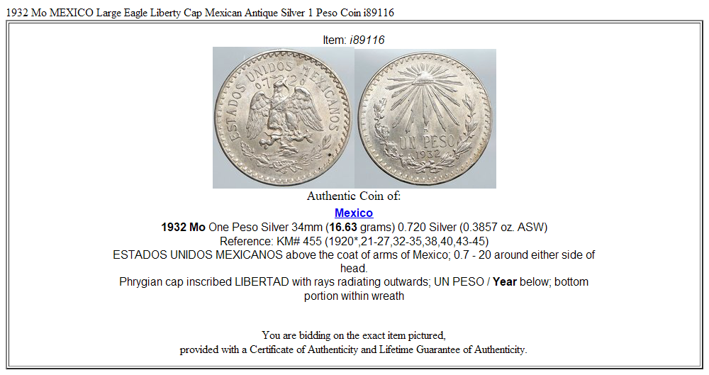 1932 Mo MEXICO Large Eagle Liberty Cap Mexican Antique Silver 1 Peso Coin i89116