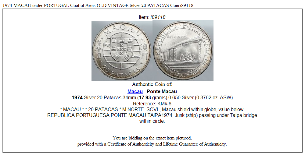 1974 MACAU under PORTUGAL Coat of Arms OLD VINTAGE Silver 20 PATACAS Coin i89118