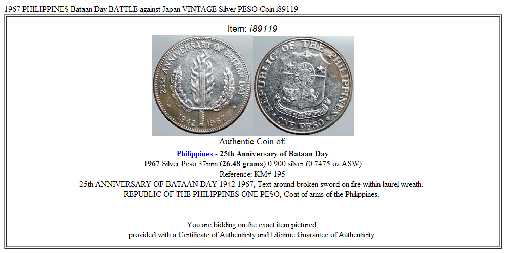 1967 PHILIPPINES Bataan Day BATTLE against Japan VINTAGE Silver PESO Coin i89119