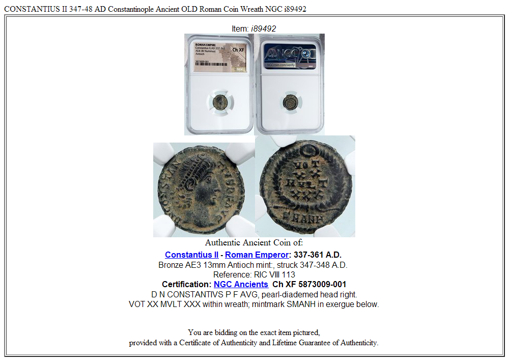 CONSTANTIUS II 347-48 AD Constantinople Ancient OLD Roman Coin Wreath NGC i89492