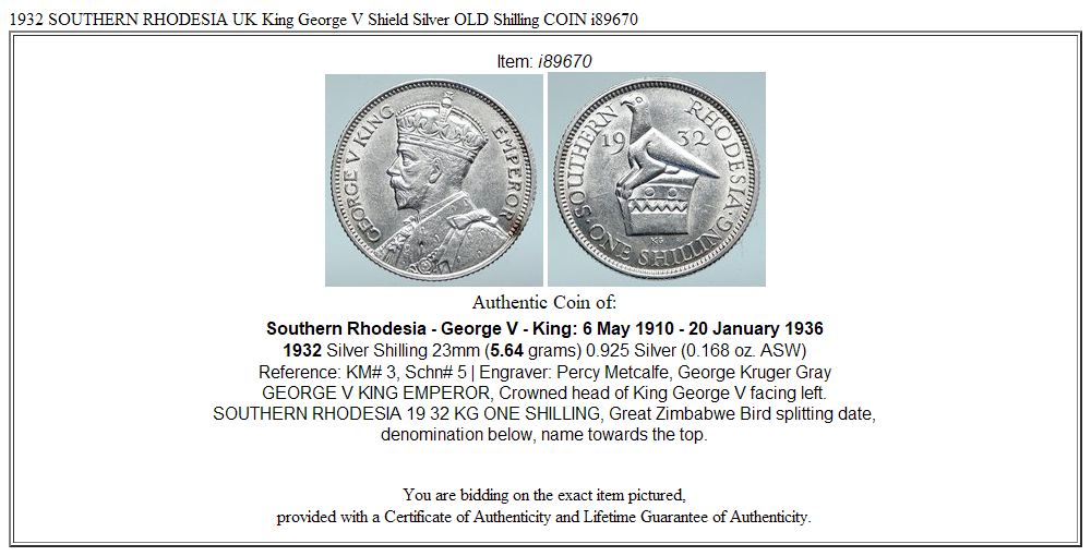 1932 SOUTHERN RHODESIA UK King George V Shield Silver OLD Shilling COIN i89670