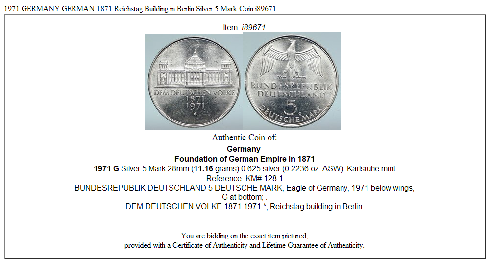 1971 GERMANY GERMAN 1871 Reichstag Building in Berlin Silver 5 Mark Coin i89671