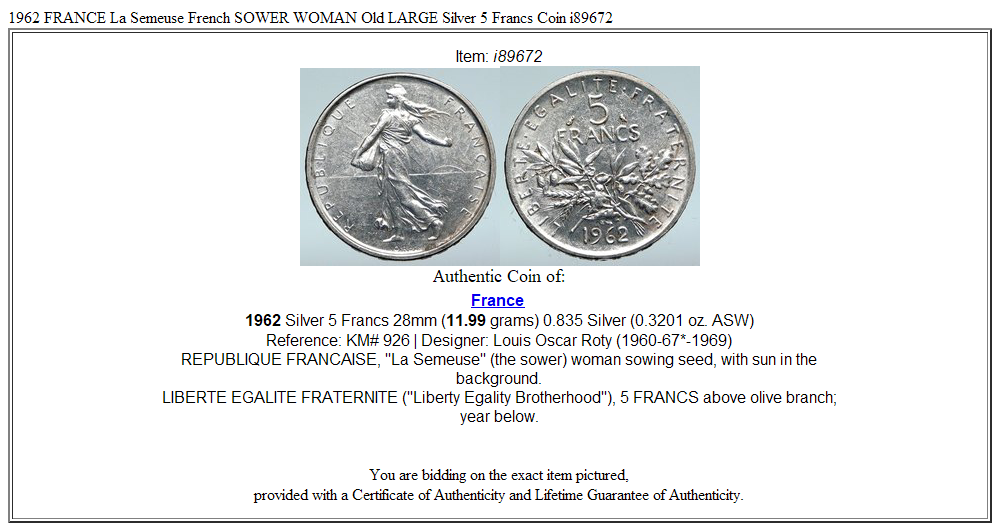 1962 FRANCE La Semeuse French SOWER WOMAN Old LARGE Silver 5 Francs Coin i89672