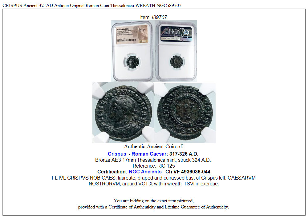 CRISPUS Ancient 321AD Antique Original Roman Coin Thessalonica WREATH NGC i89707