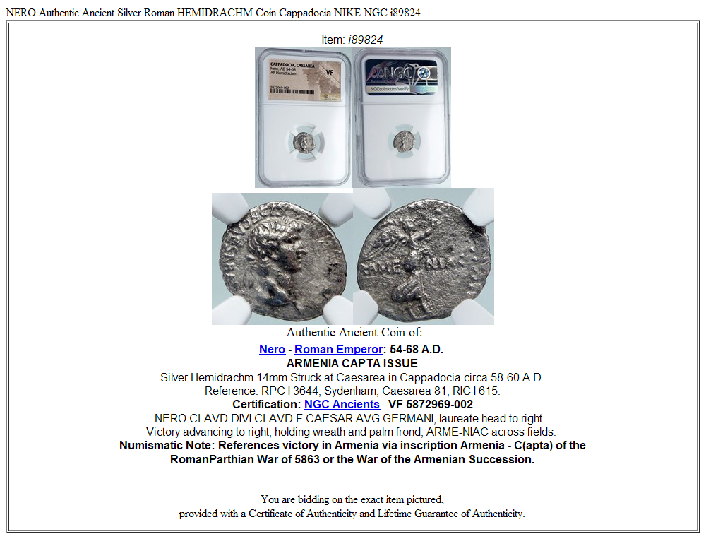 NERO Authentic Ancient Silver Roman HEMIDRACHM Coin Cappadocia NIKE NGC i89824