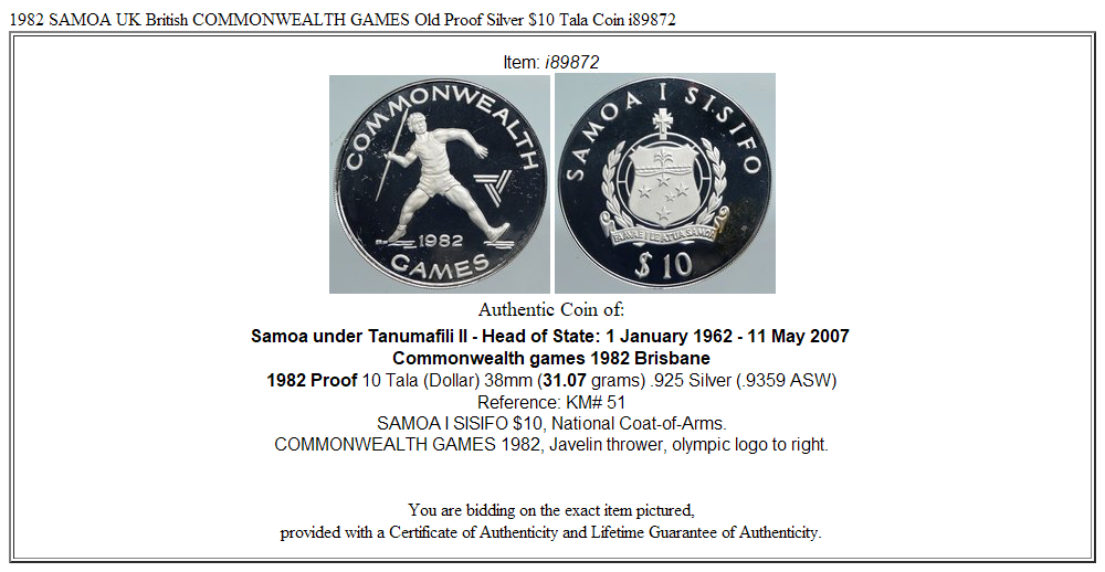 1982 SAMOA UK British COMMONWEALTH GAMES Old Proof Silver $10 Tala Coin i89872