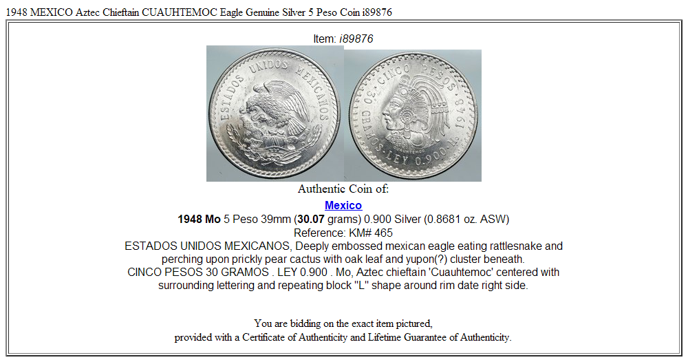 1948 MEXICO Aztec Chieftain CUAUHTEMOC Eagle Genuine Silver 5 Peso Coin i89876