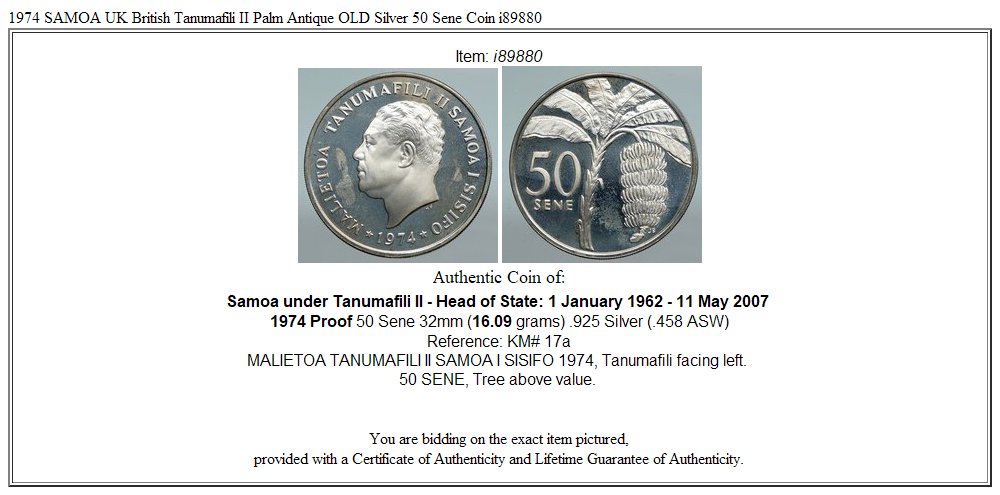 1974 SAMOA UK British Tanumafili II Palm Antique OLD Silver 50 Sene Coin i89880