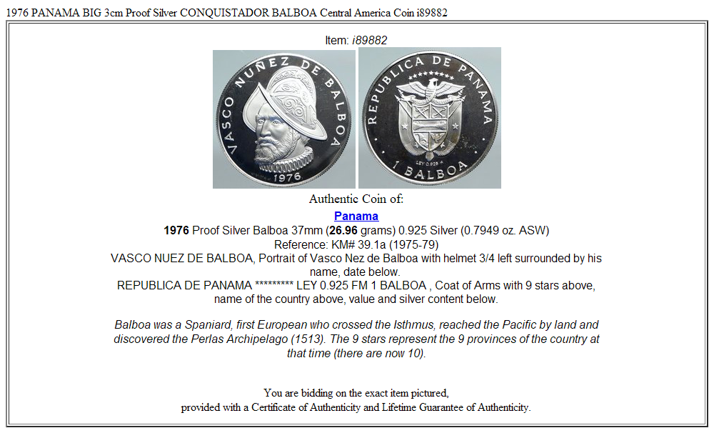 1976 PANAMA BIG 3cm Proof Silver CONQUISTADOR BALBOA Central America Coin i89882