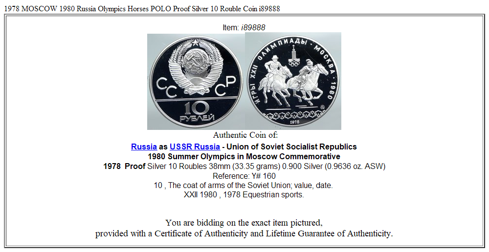 1978 MOSCOW 1980 Russia Olympics Horses POLO Proof Silver 10 Rouble Coin i89888