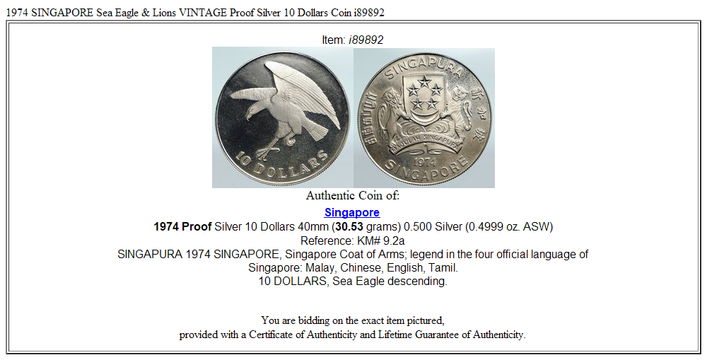 1974 SINGAPORE Sea Eagle & Lions VINTAGE Proof Silver 10 Dollars Coin i89892