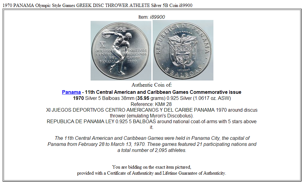 1970 PANAMA Olympic Style Games GREEK DISC THROWER ATHLETE Silver 5B Coin i89900