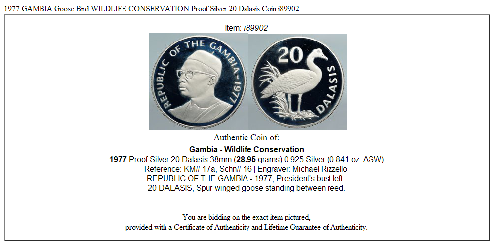 1977 GAMBIA Goose Bird WILDLIFE CONSERVATION Proof Silver 20 Dalasis Coin i89902