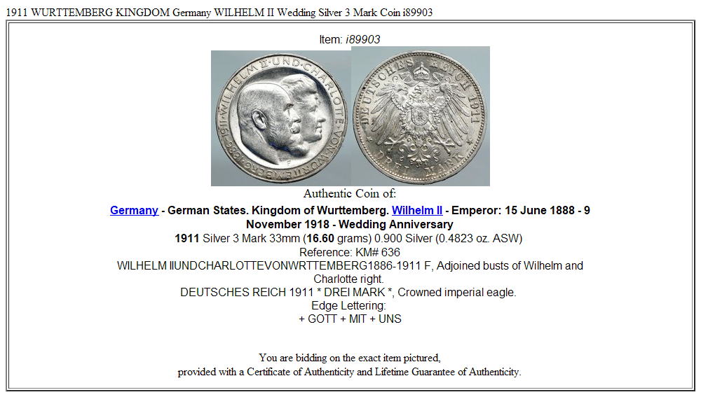 1911 WURTTEMBERG KINGDOM Germany WILHELM II Wedding Silver 3 Mark Coin i89903