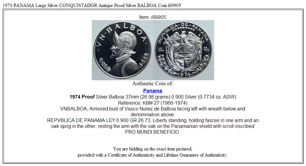 1974 PANAMA Large Silver CONQUISTADOR Antique Proof Silver BALBOA Coin i89905